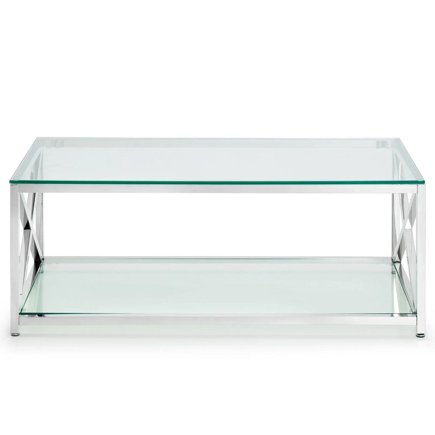 Glass coffee table with chrome metal frame and lower shelf, front view