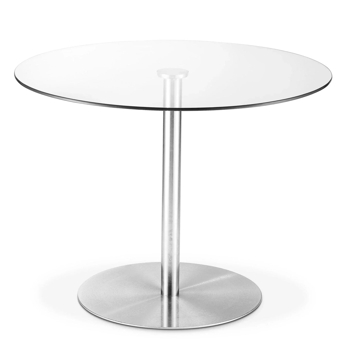 Round glass dining table with metal pedestal base on white background