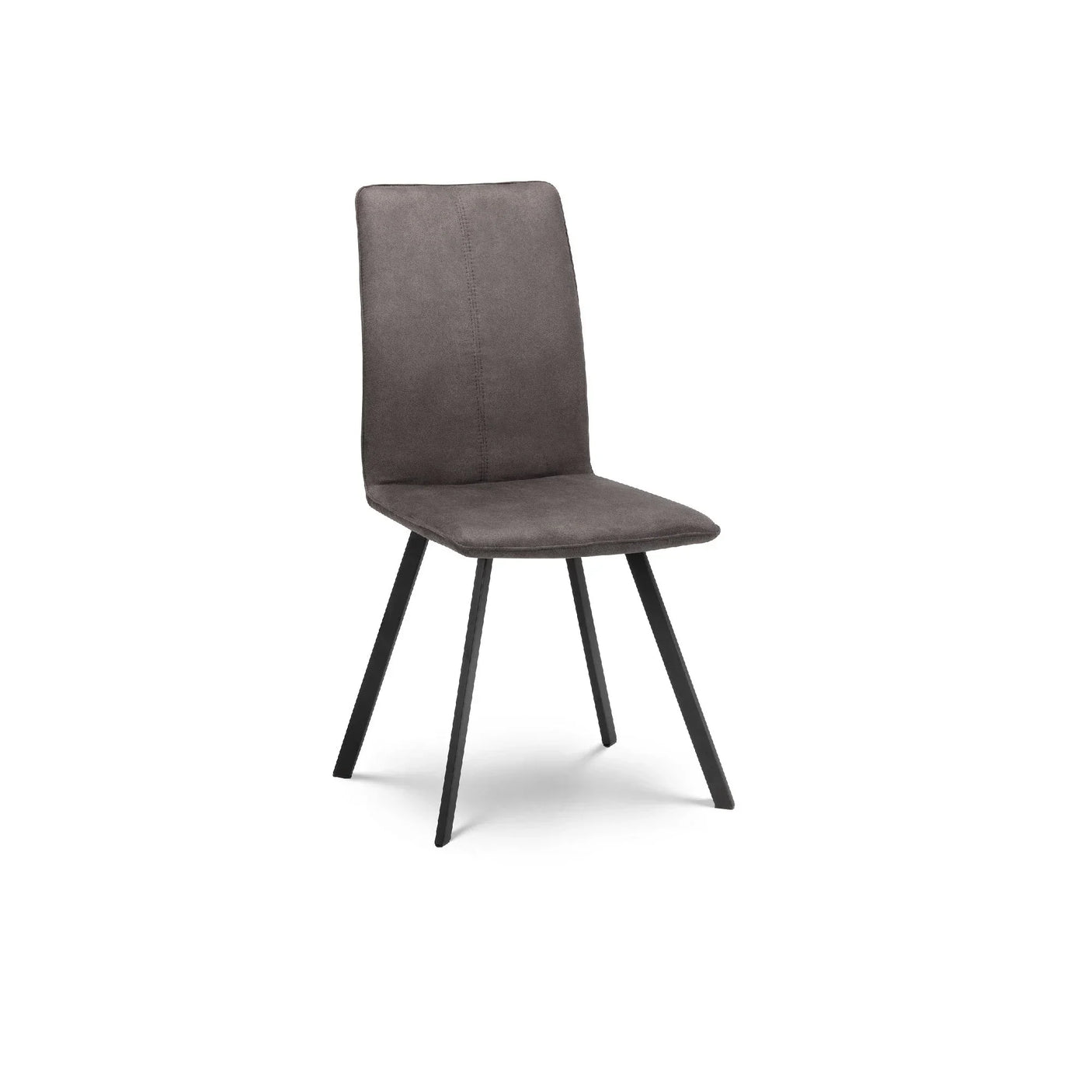 Monroe dining chair with grey upholstered seat and black angled metal legs on white background