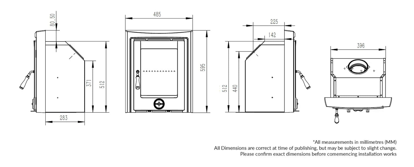 Technical drawing of eco stove dimensions with front, side, and top views labeled in millimeters