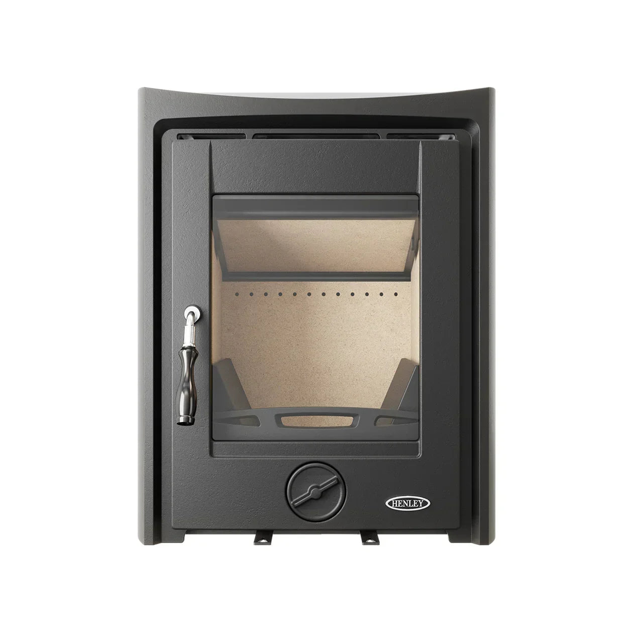 Eco wood burning stove insert with glass front and metal handle, black finish, front view