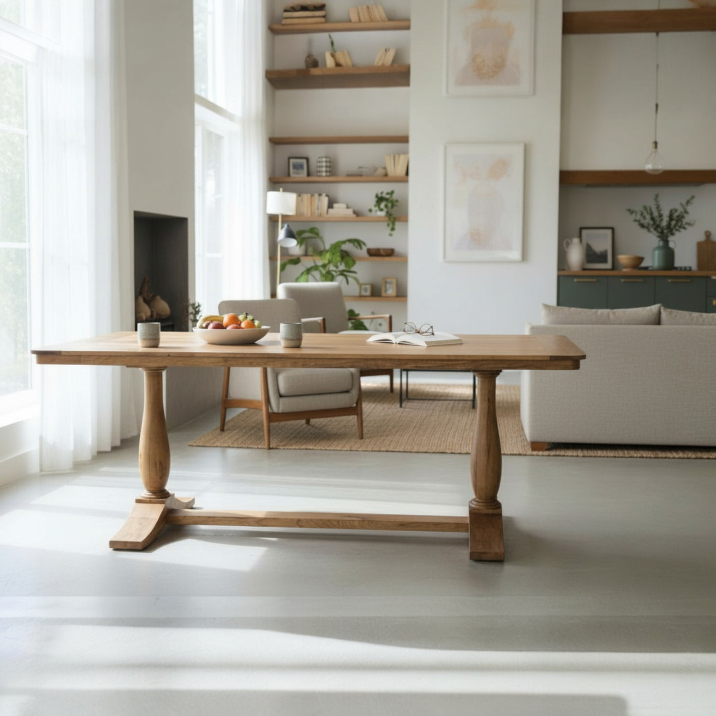 Wooden dining table in a bright living room with shelves and decor.