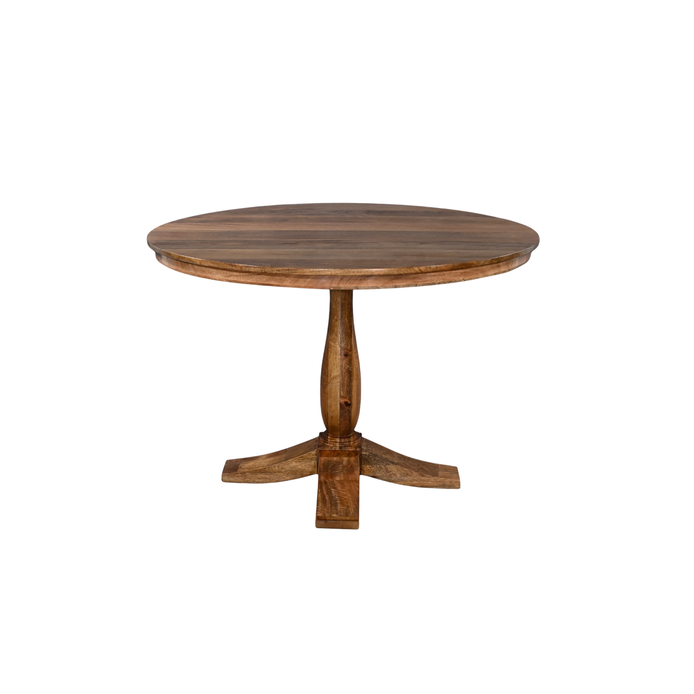 Round wooden table with a pedestal base on a white background