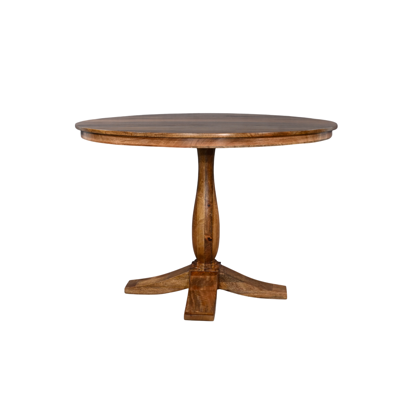 Round wooden table with a pedestal base on a white background