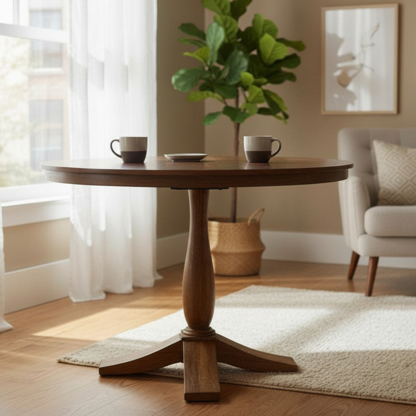 Wooden dining table with two cups and a plant in a living room setting.