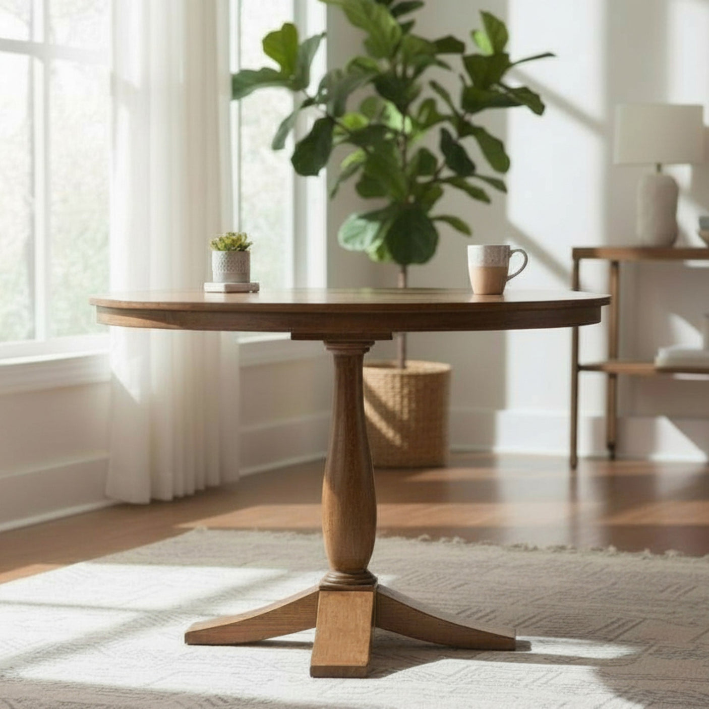 Wooden round table with a plant and mug in a bright room