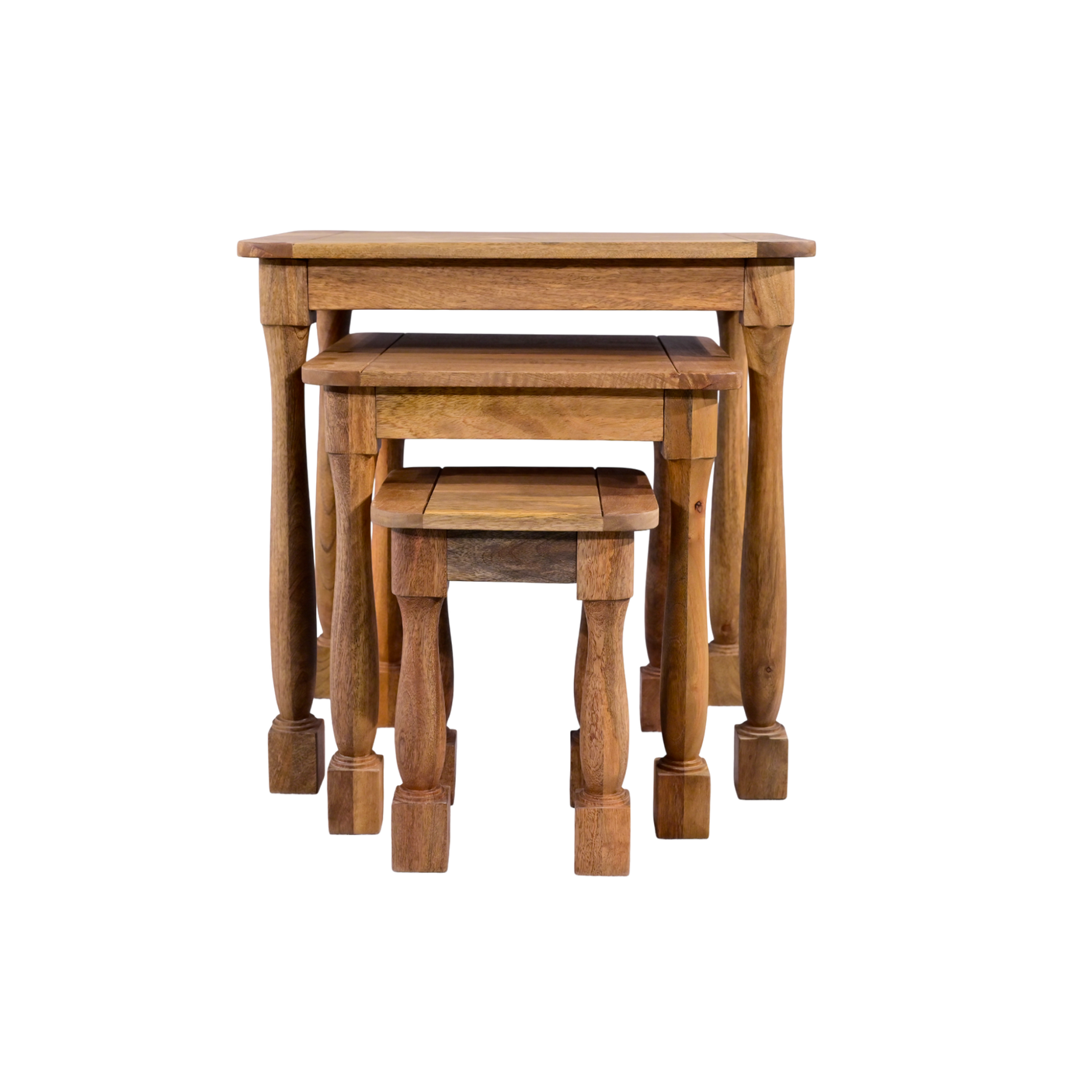Set of three wooden nesting tables on a white background