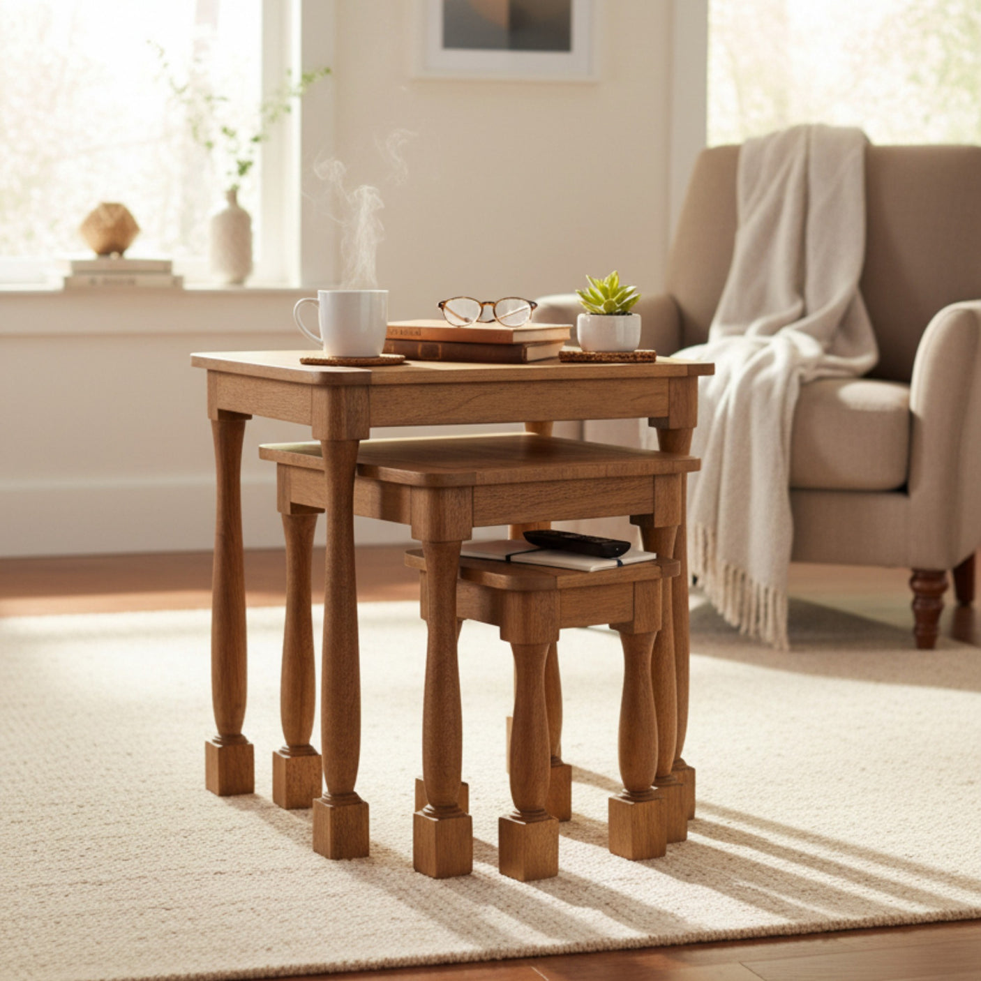 Wooden nesting tables in a living room setting with a couch and decor items.