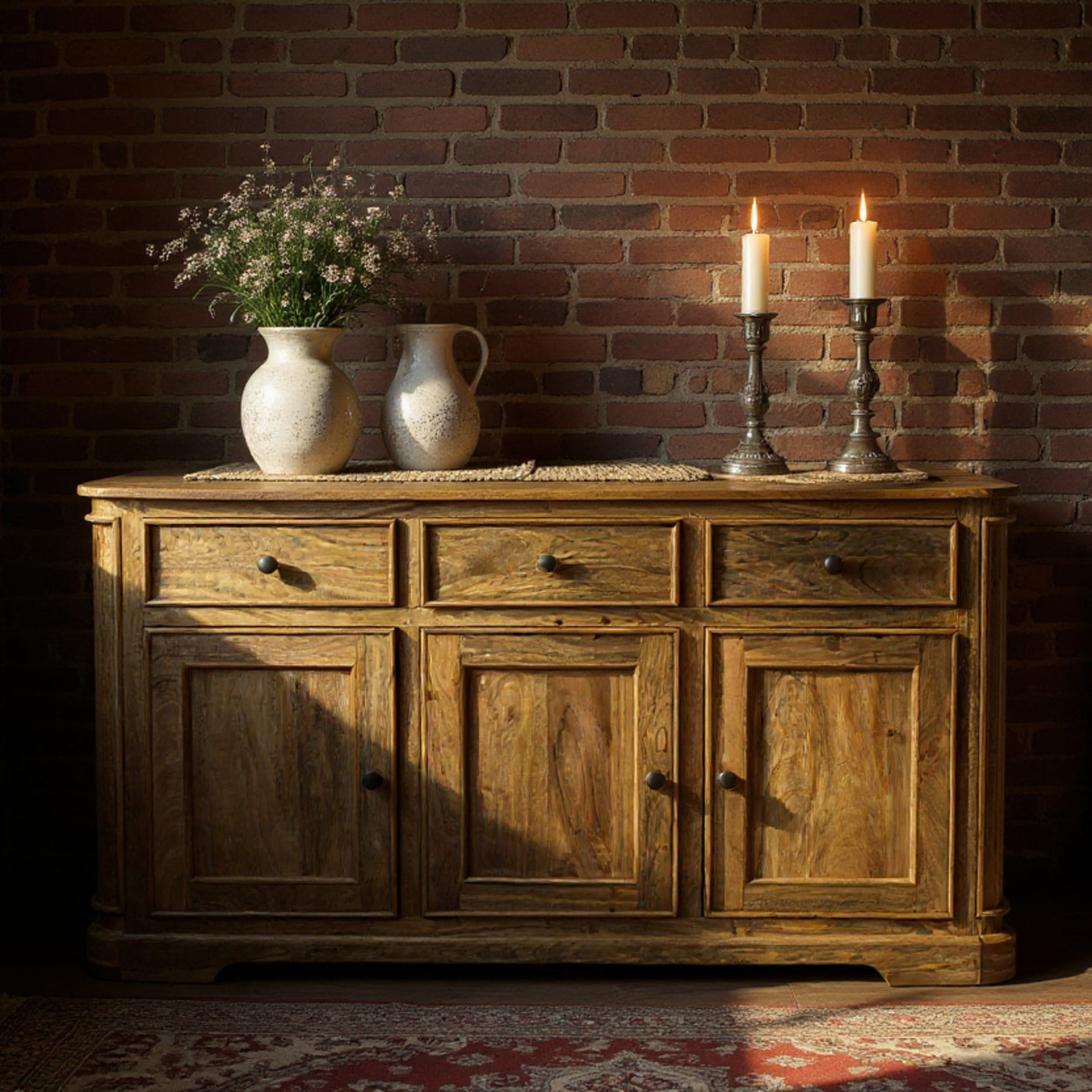 Wooden sideboard with decorative items against a brick wall