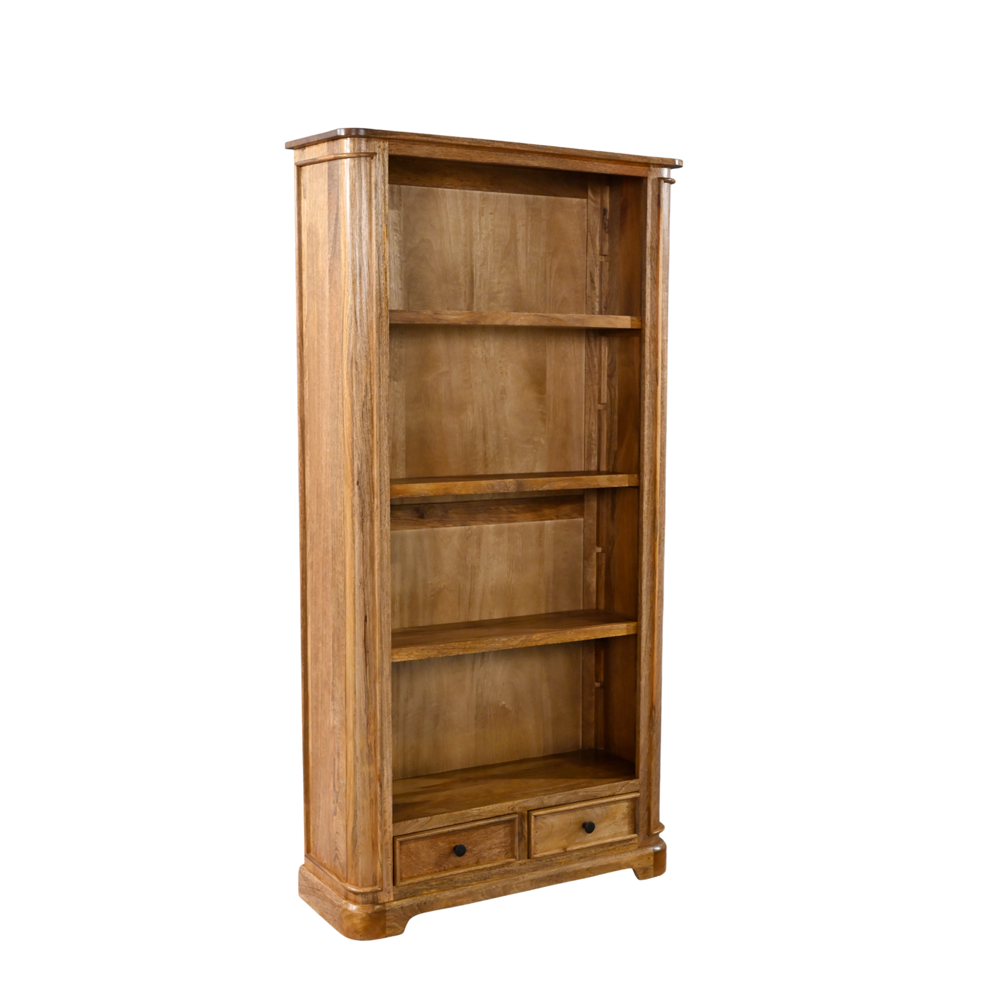 Wooden bookshelf with four shelves and two drawers on a white background