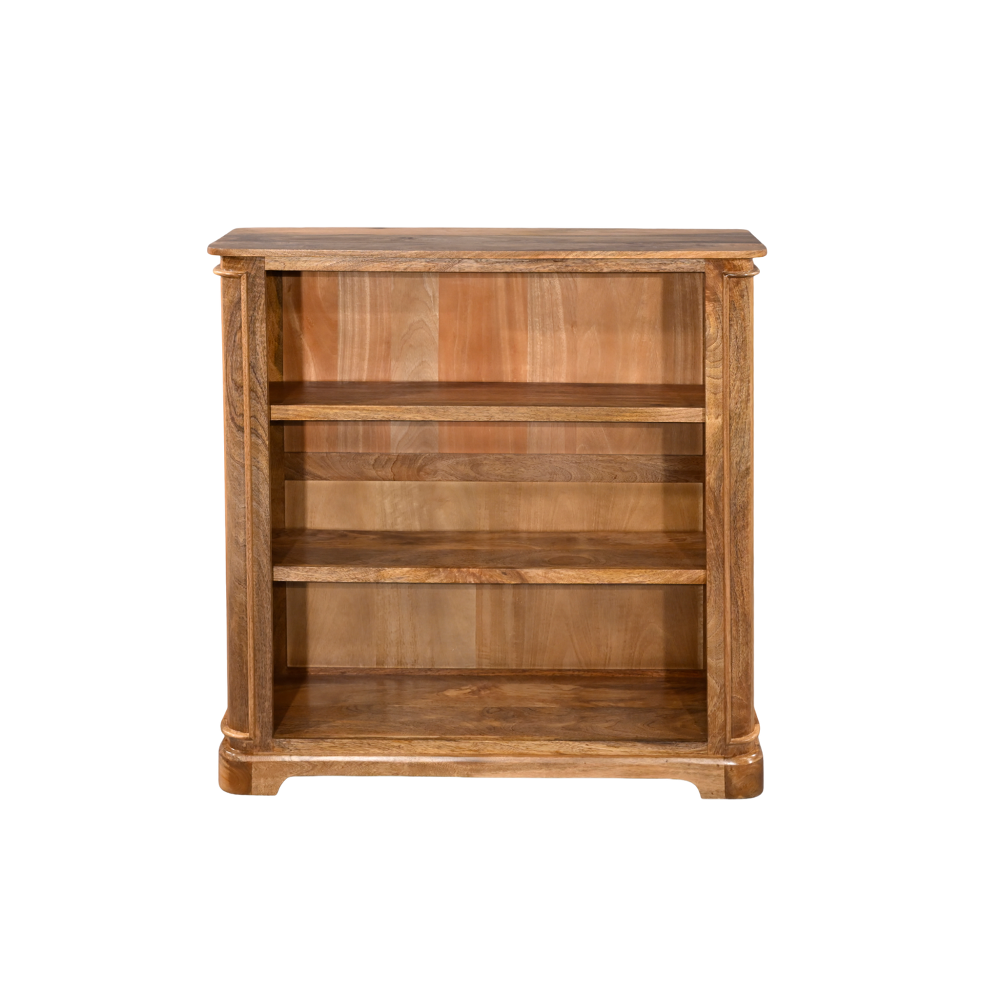 Wooden bookshelf with four shelves on a white background