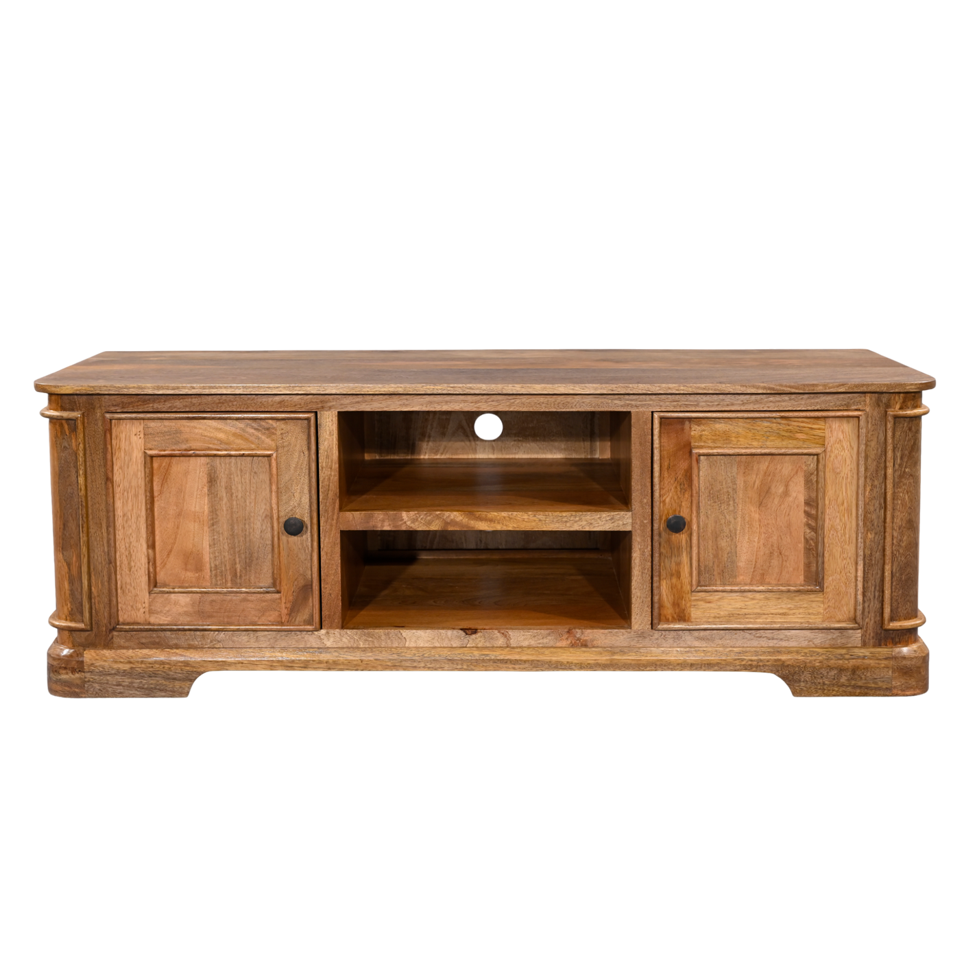 Wooden TV stand with two cabinets and an open shelf on a white background