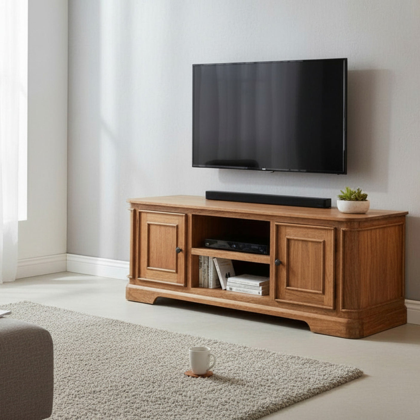 Wooden TV stand with a television mounted on a wall in a living room.
