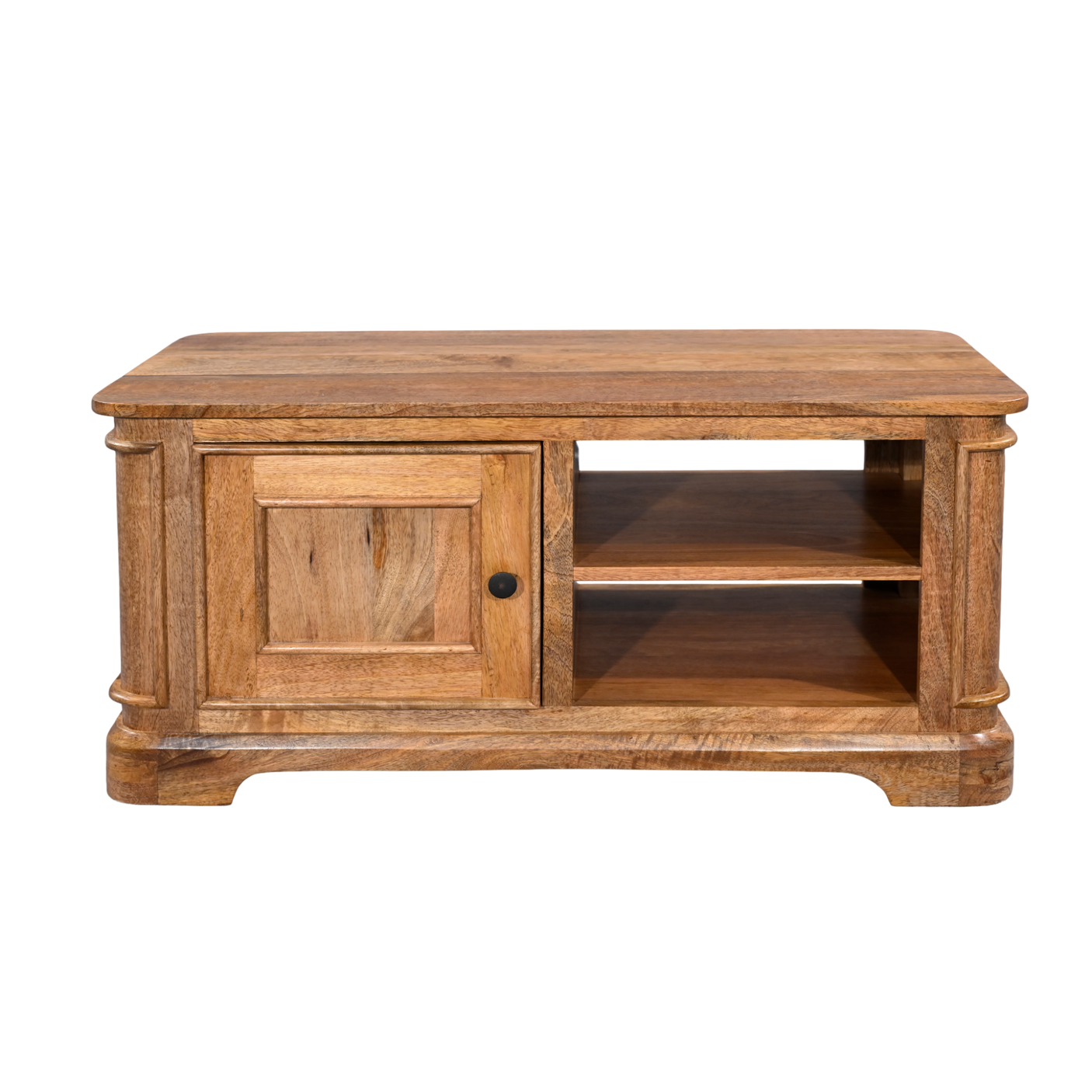Wooden TV stand with a single door and open shelf on a white background