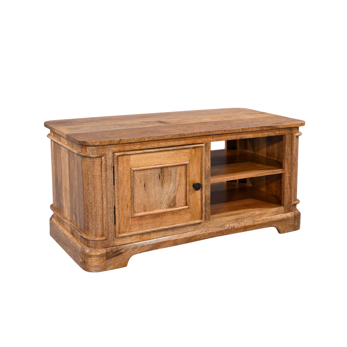 Wooden TV stand with a cabinet and open shelves on a white background