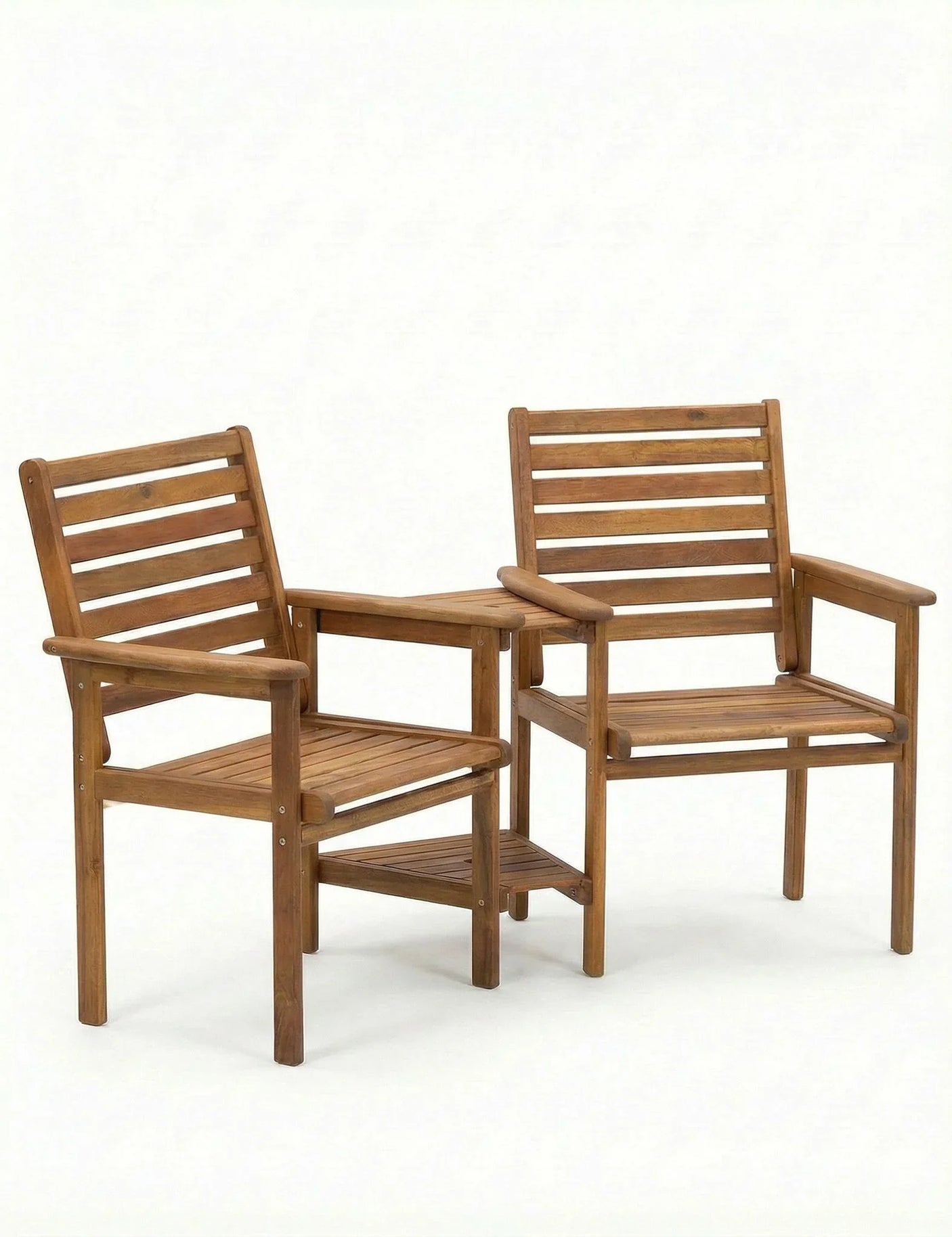 Wooden garden companion seat with two slatted chairs and integrated central table