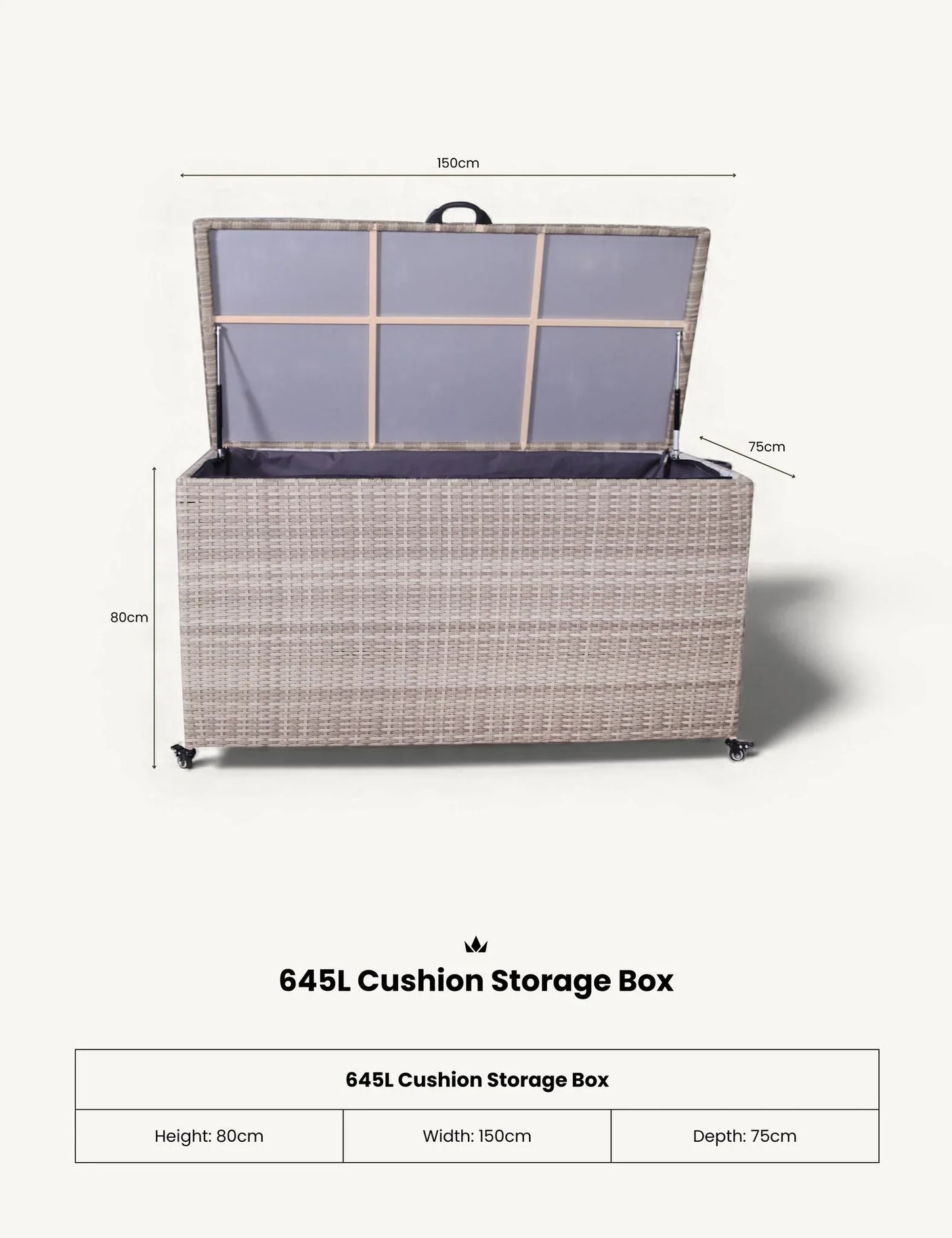 Large rattan 645L cushion storage box with open lid, showing spacious interior and measurements