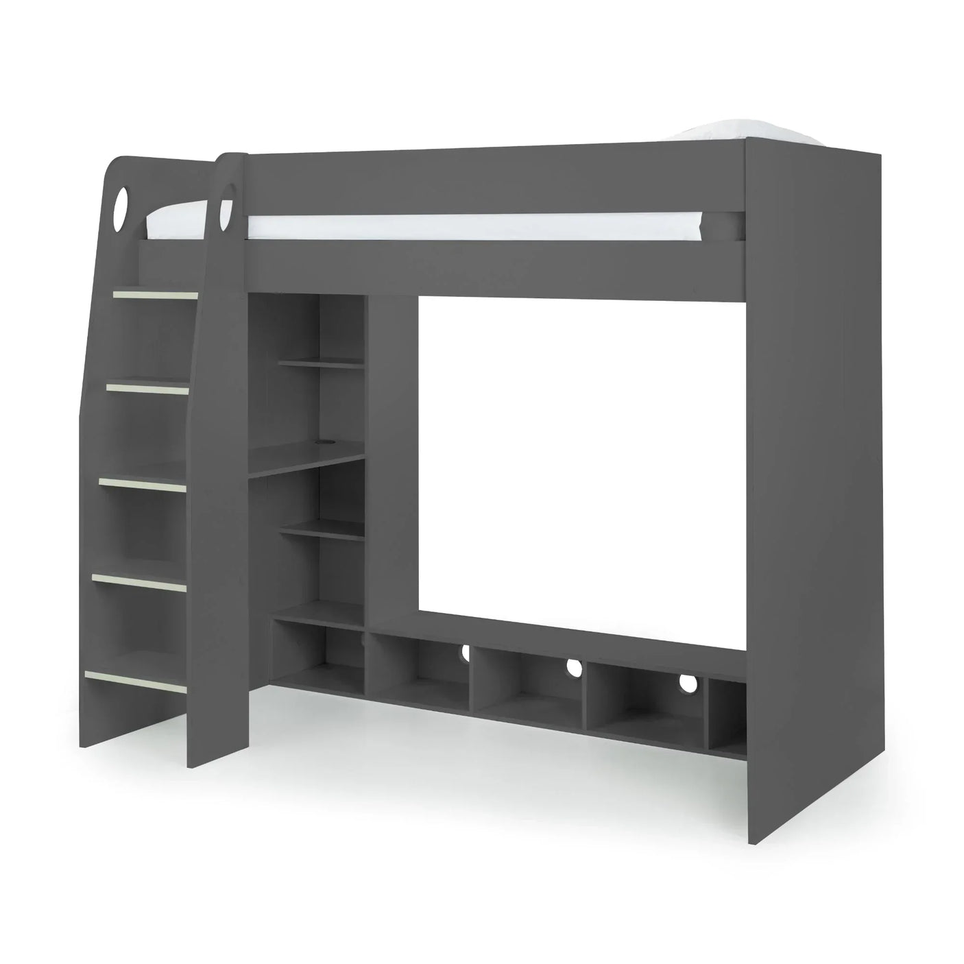 Anthracite gaming bed with integrated ladder, open shelving and wide underbed storage compartments