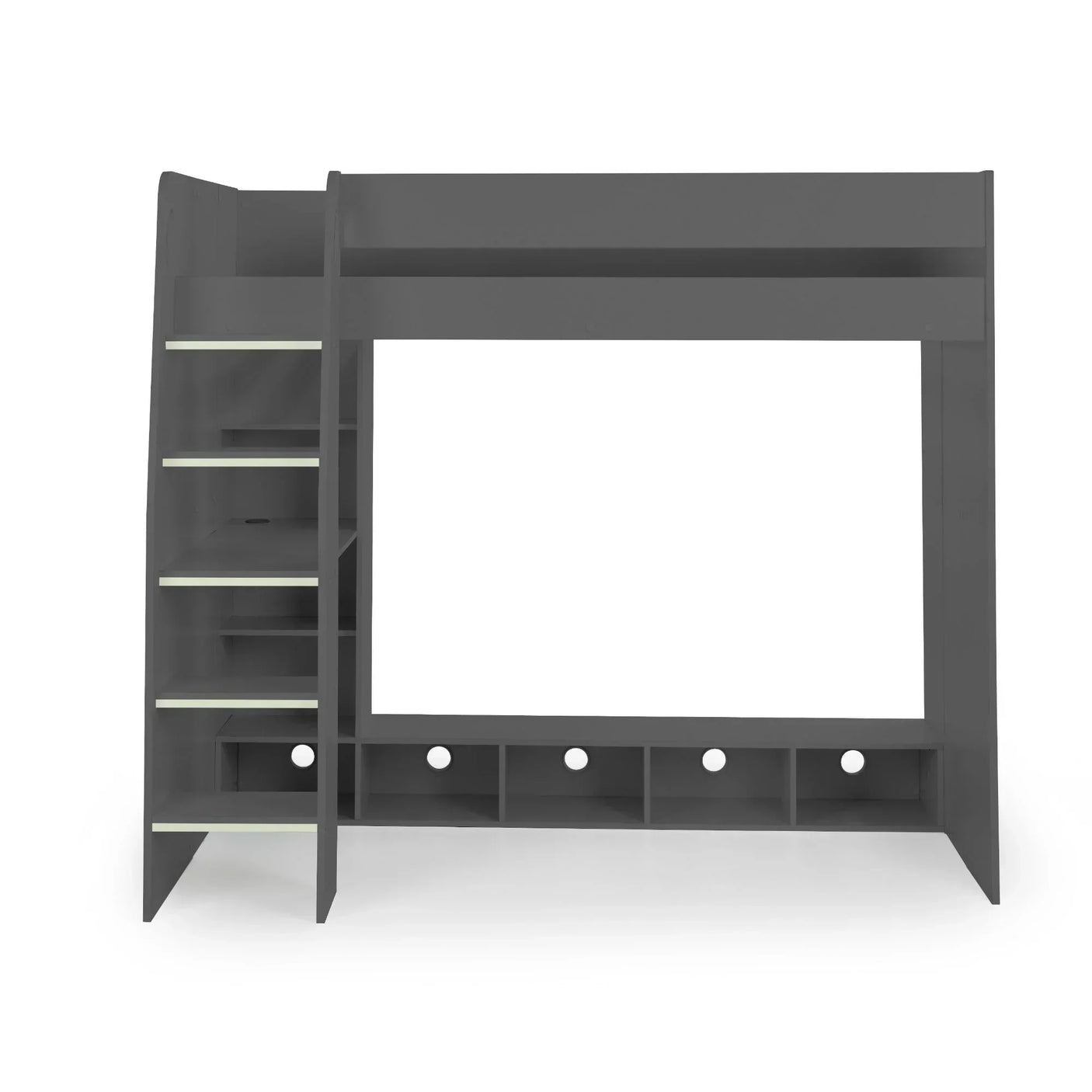 Anthracite gaming bed frame with built-in steps and under-bed storage compartments
