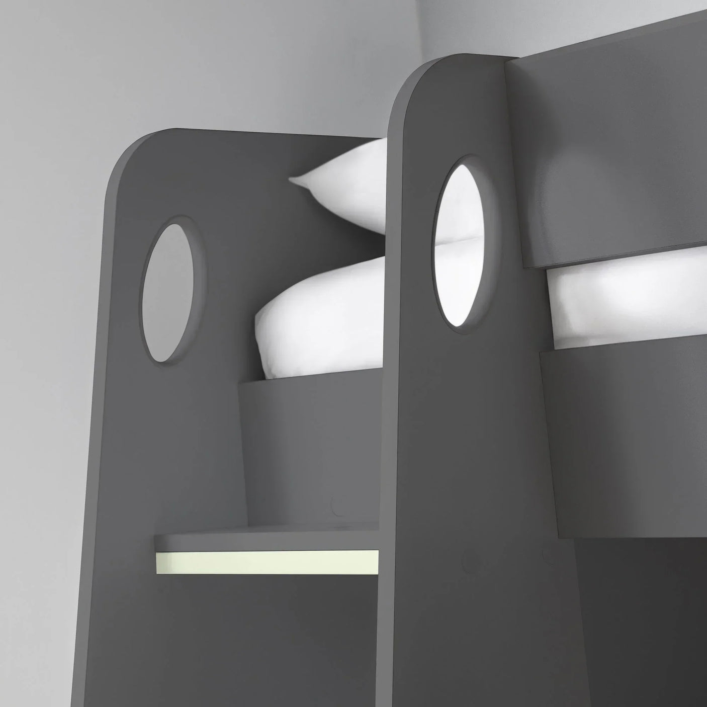 Anthracite gaming bed detail showing shelf, ladder with cut-out circles, and side rail