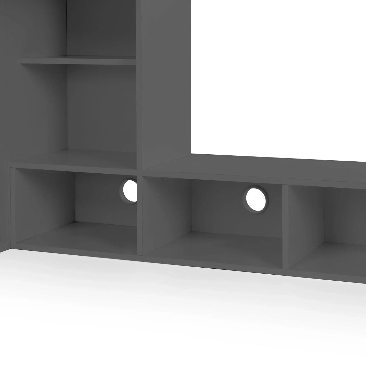 Anthracite gaming bed storage shelves with cable management holes, close-up view