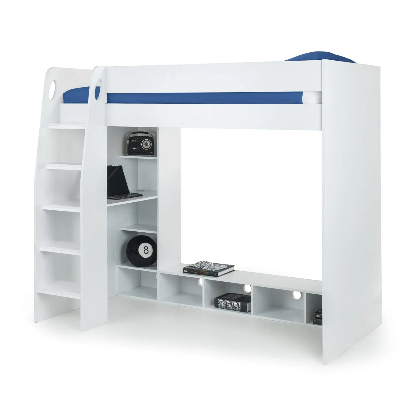White gaming bunk bed with shelves, angled ladder, and blue mattress cutout