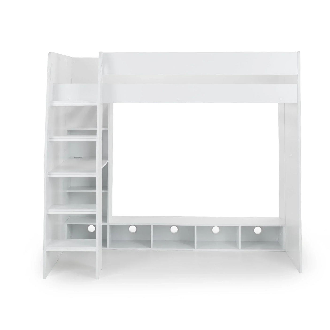 White gaming bunk bed with built-in steps and open storage shelves