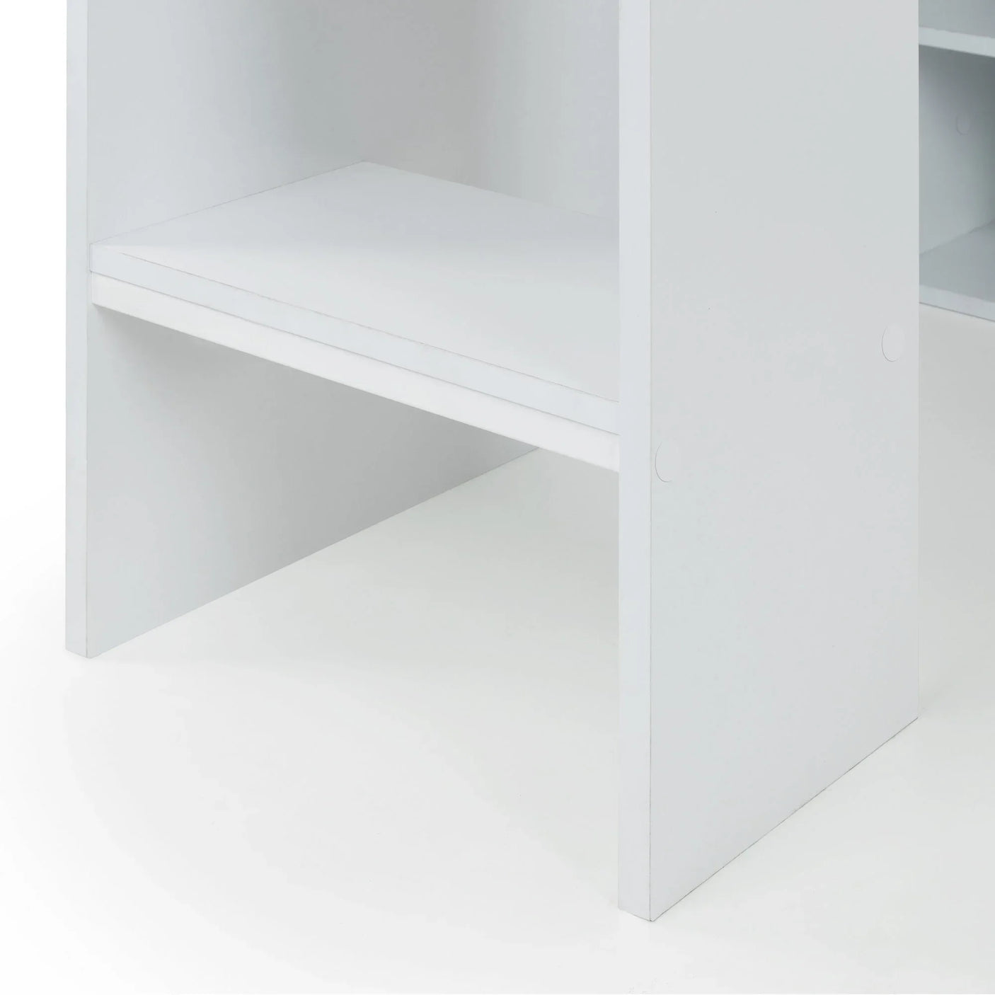 White gaming bunk bed desk shelf panel close up showing smooth wood finish
