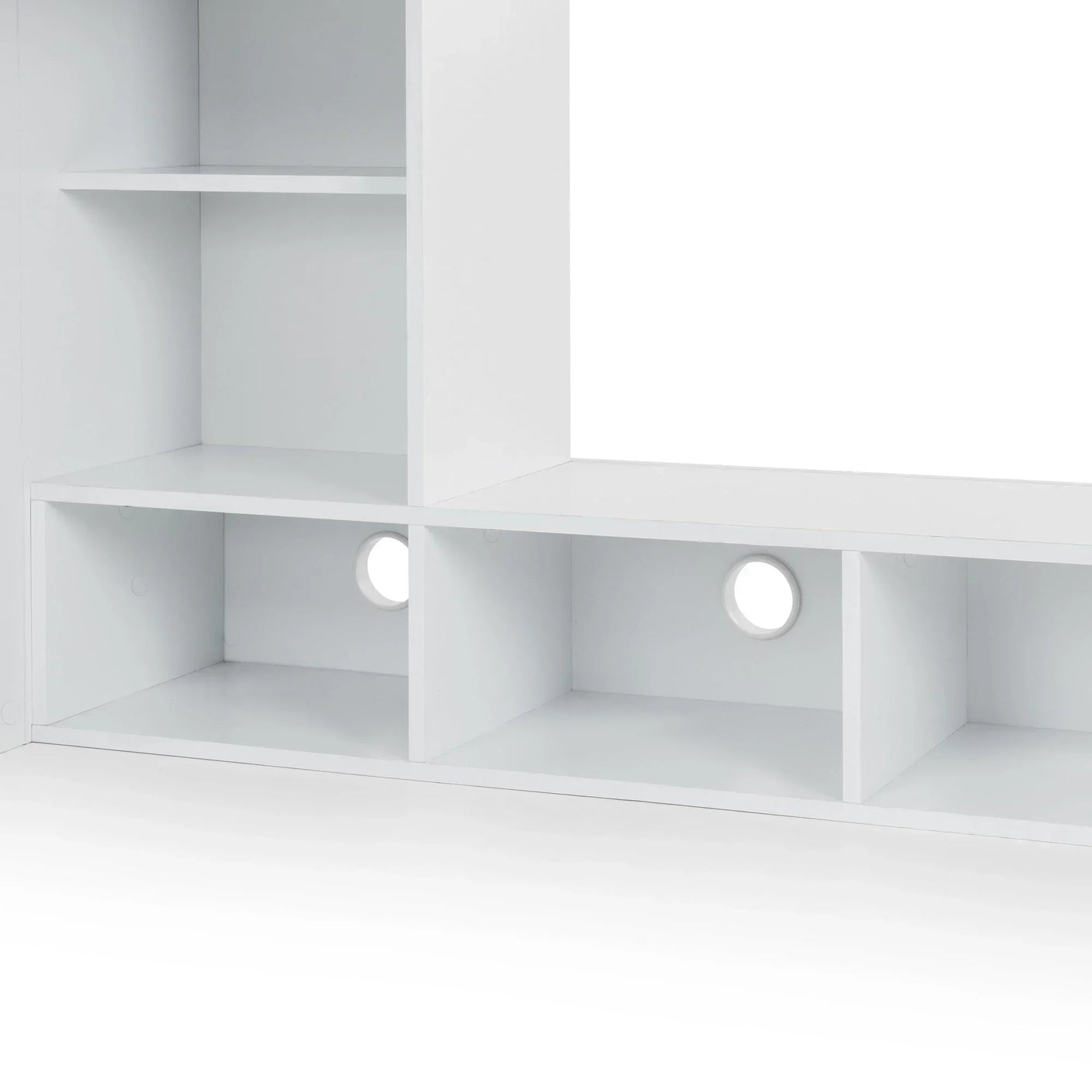 White gaming bunk bed shelving detail with cable management holes