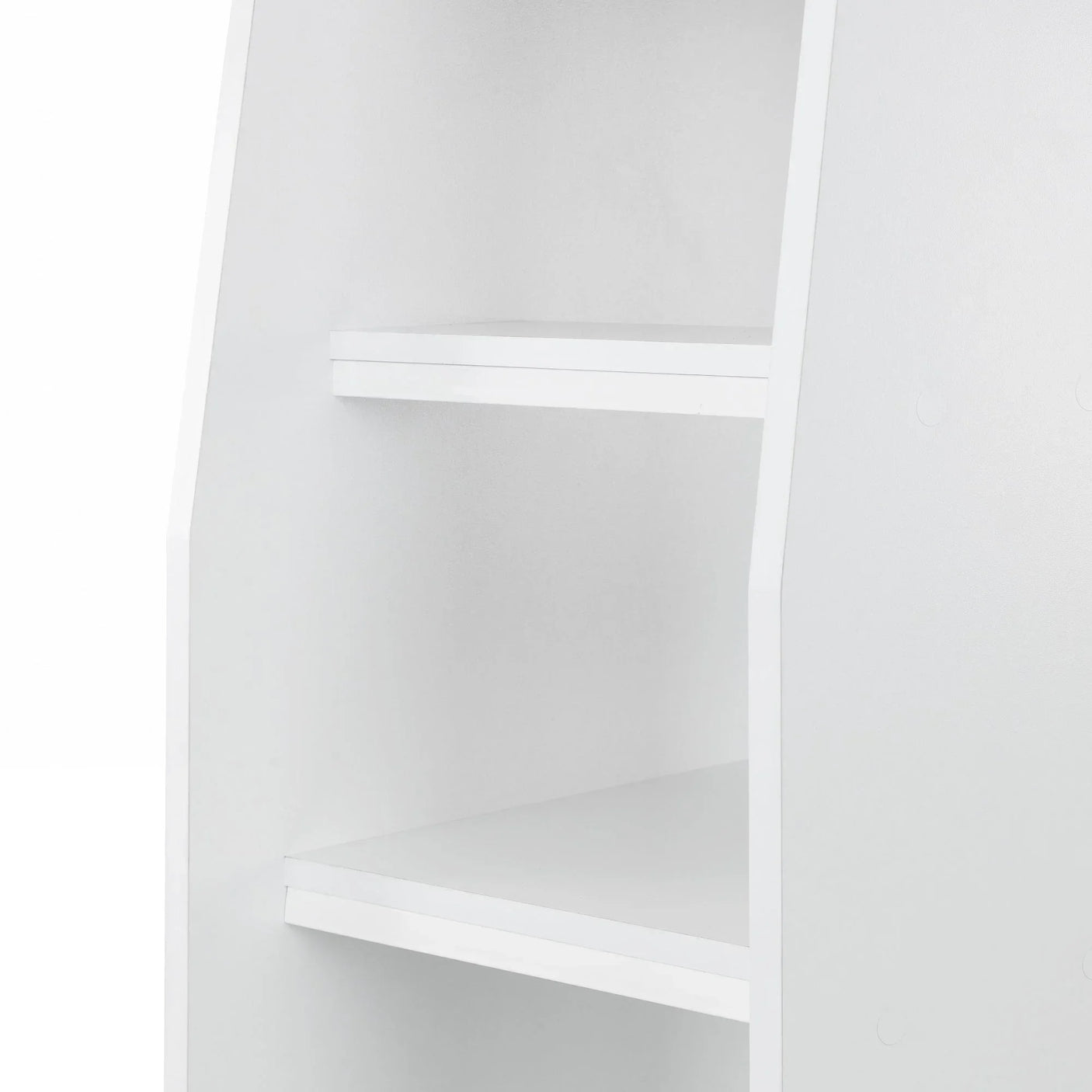 Closeup of white gaming bunk bed shelving with two flat shelves and smooth finish