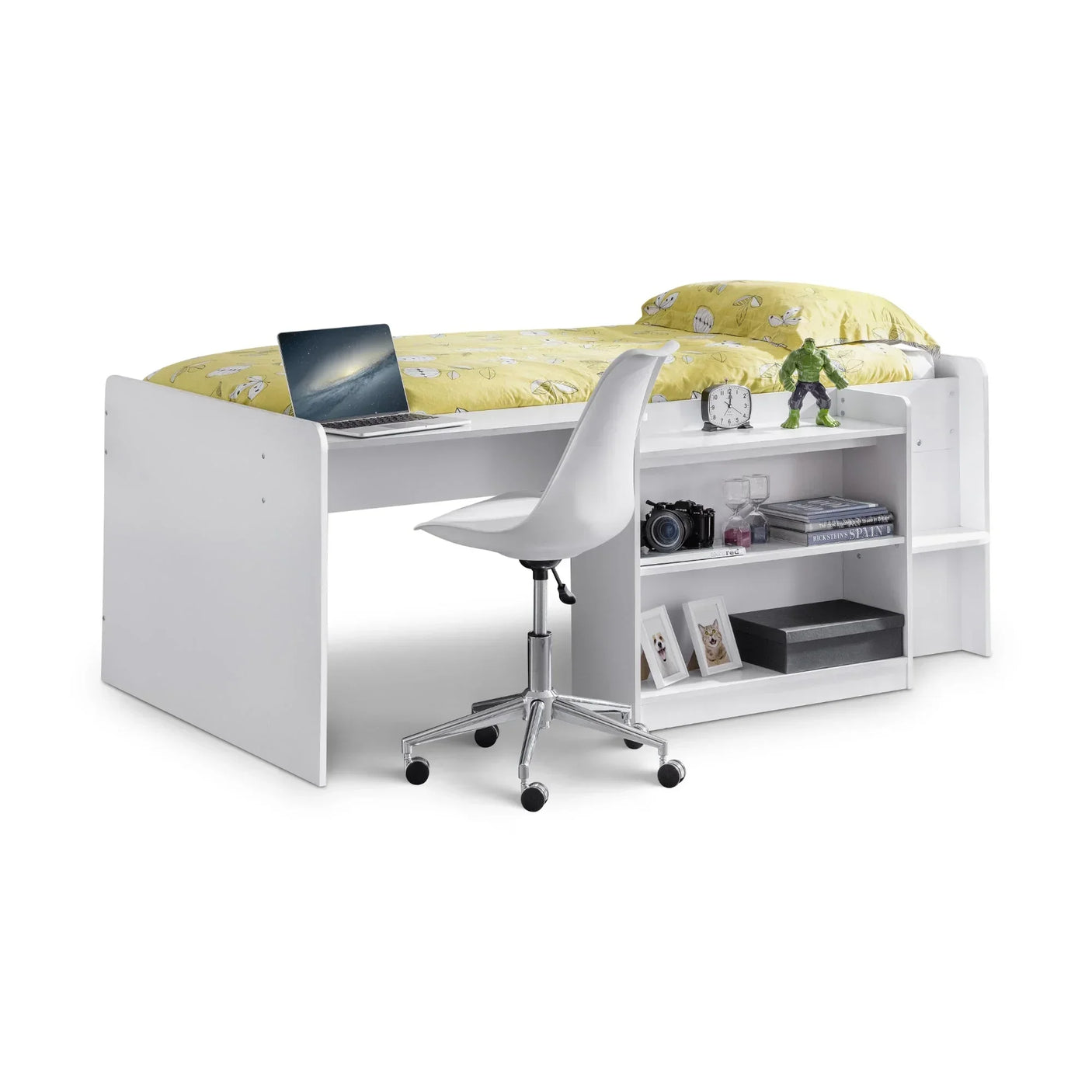 White midsleeper bed with built-in desk, shelving, and yellow bedding