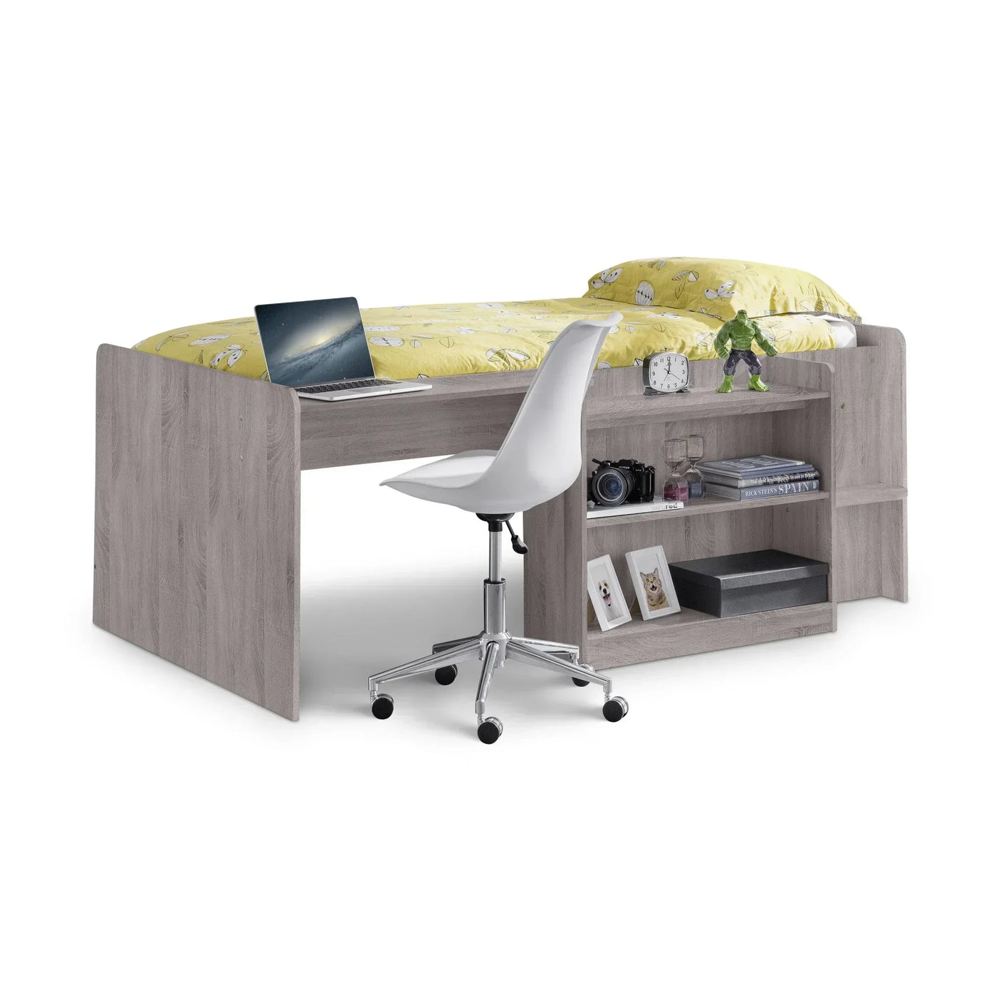 Mid sleeper bed with desk, shelving and white chair, yellow bedding, books and decor