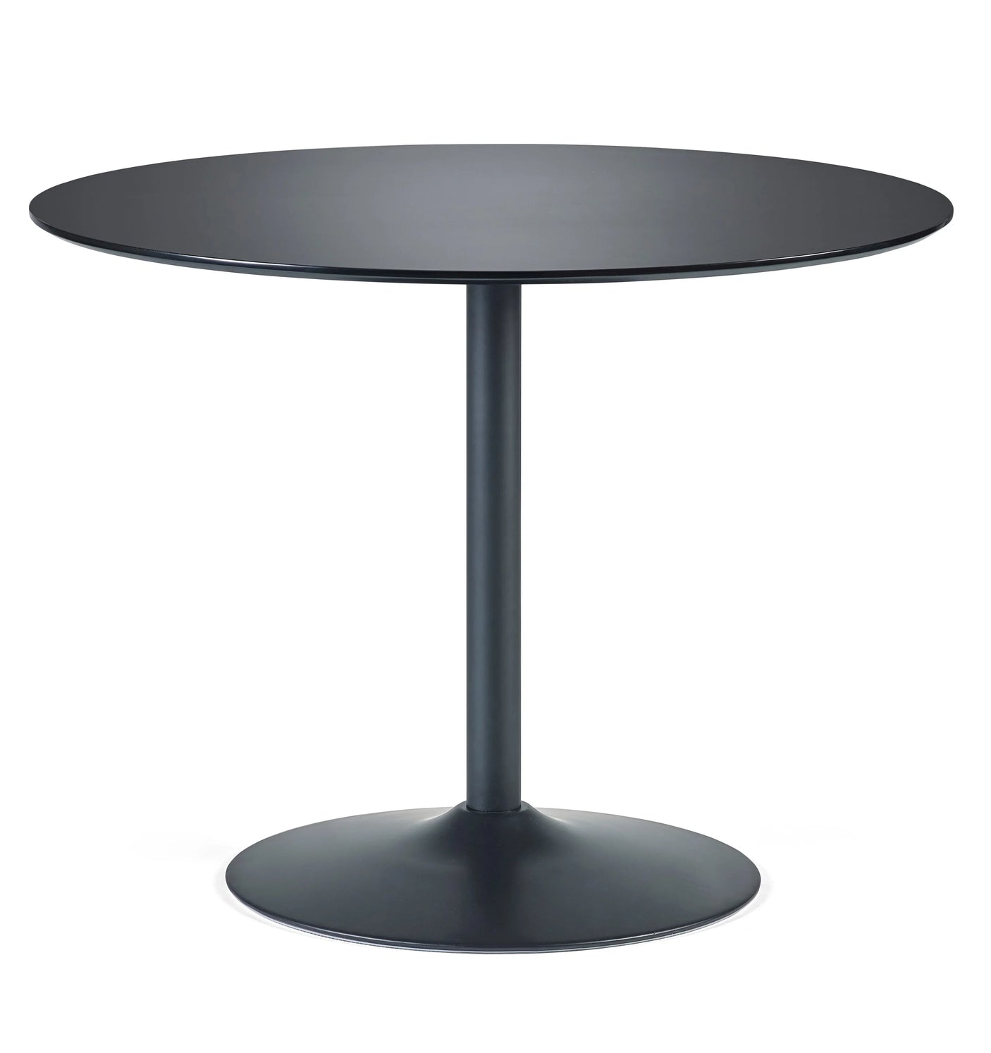 Round black dining table with pedestal base, metal construction, cutout background