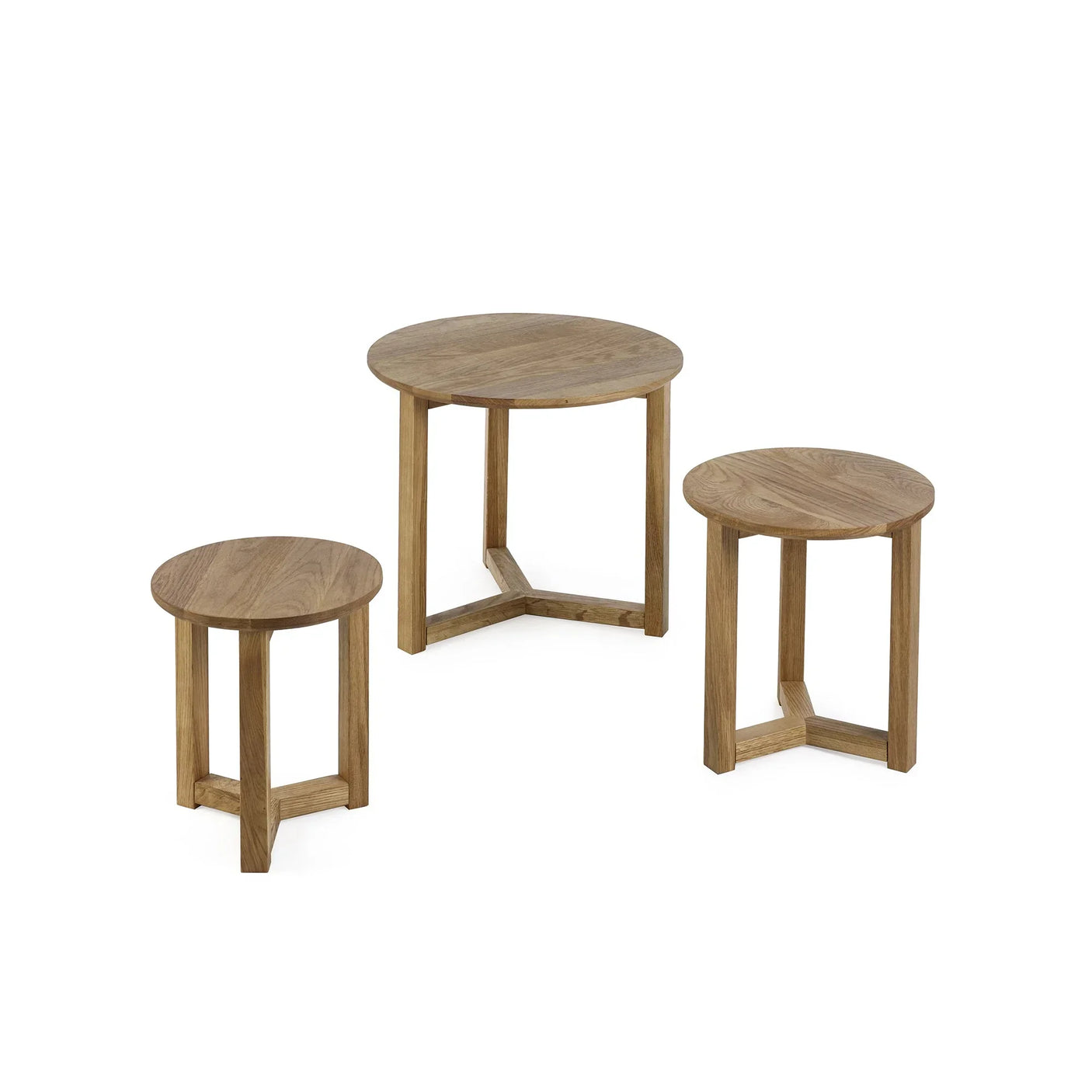 round wood nest of tables set with tripod legs on white background