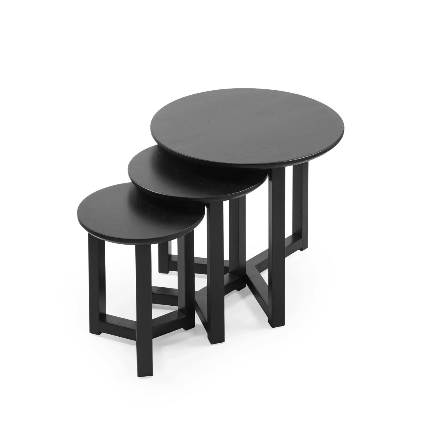 Set of three black nesting tables with round tops and wooden legs, stacked together