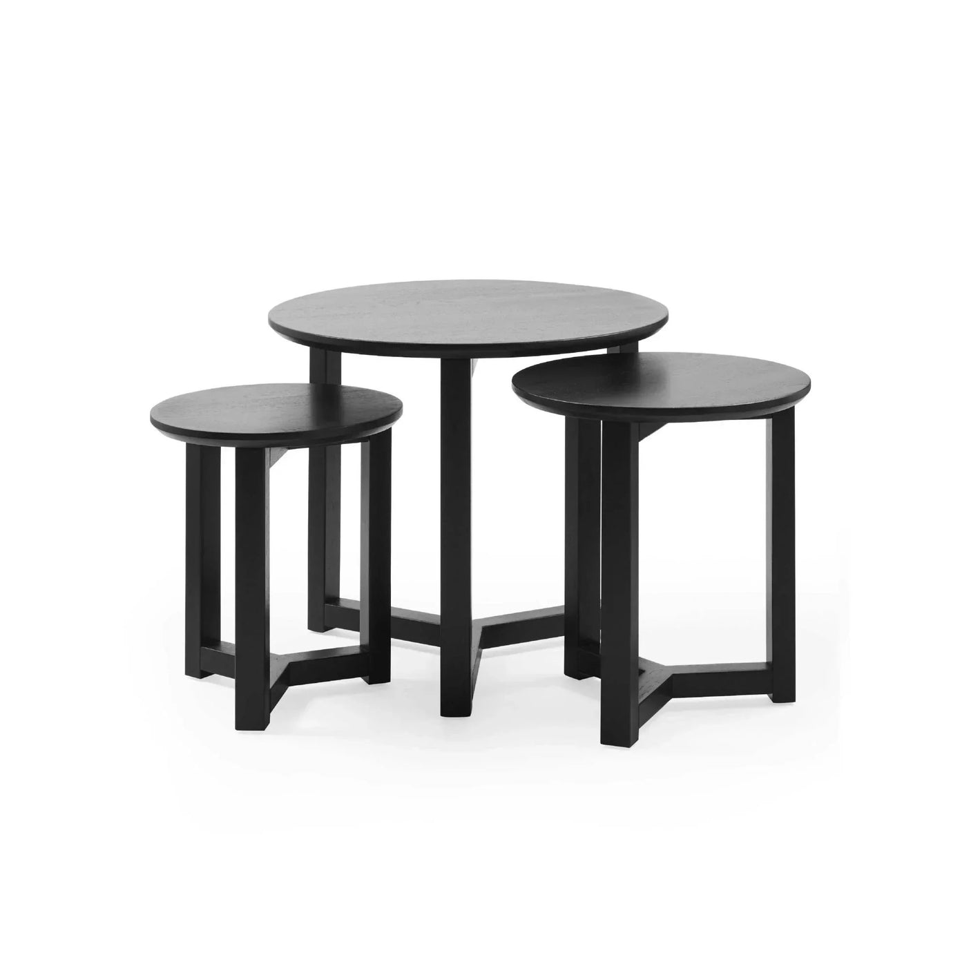 Set of three black nesting tables with round tops and straight legs on white background