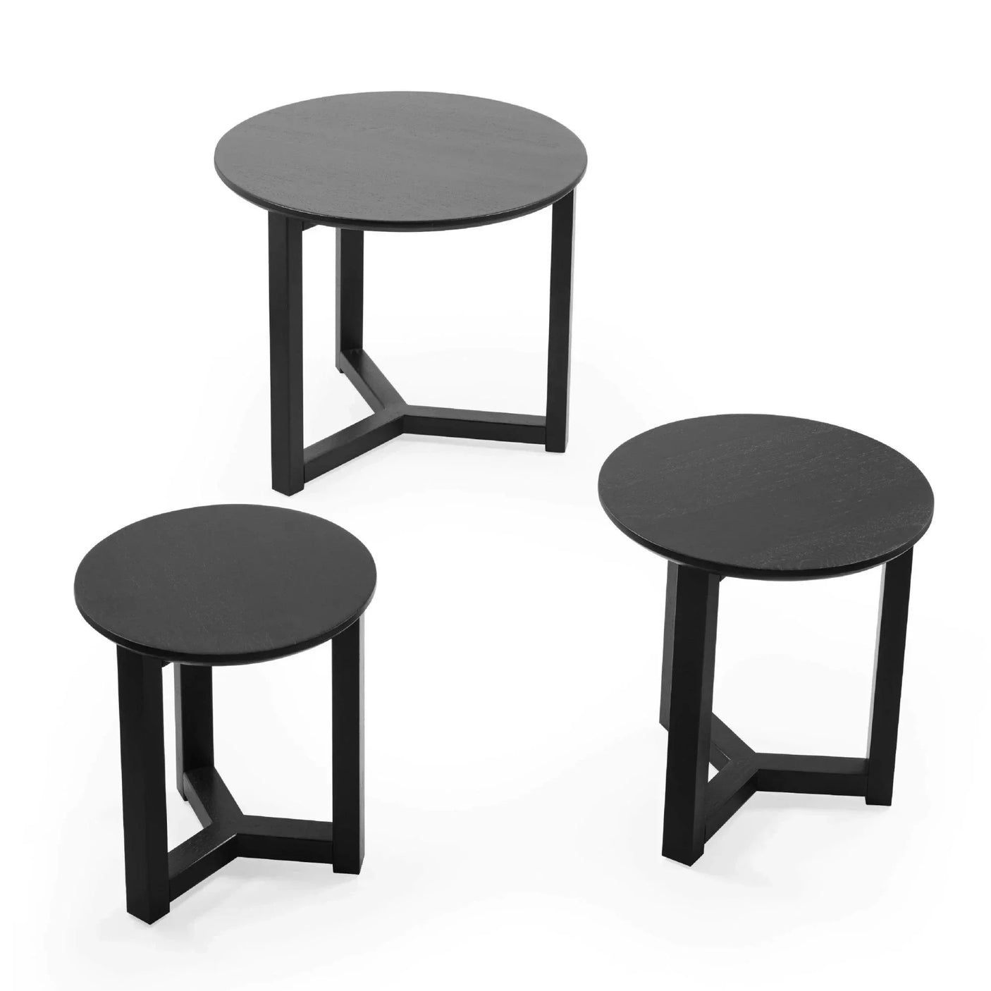 Set of three black round side tables with wooden tops and metal legs, staggered heights