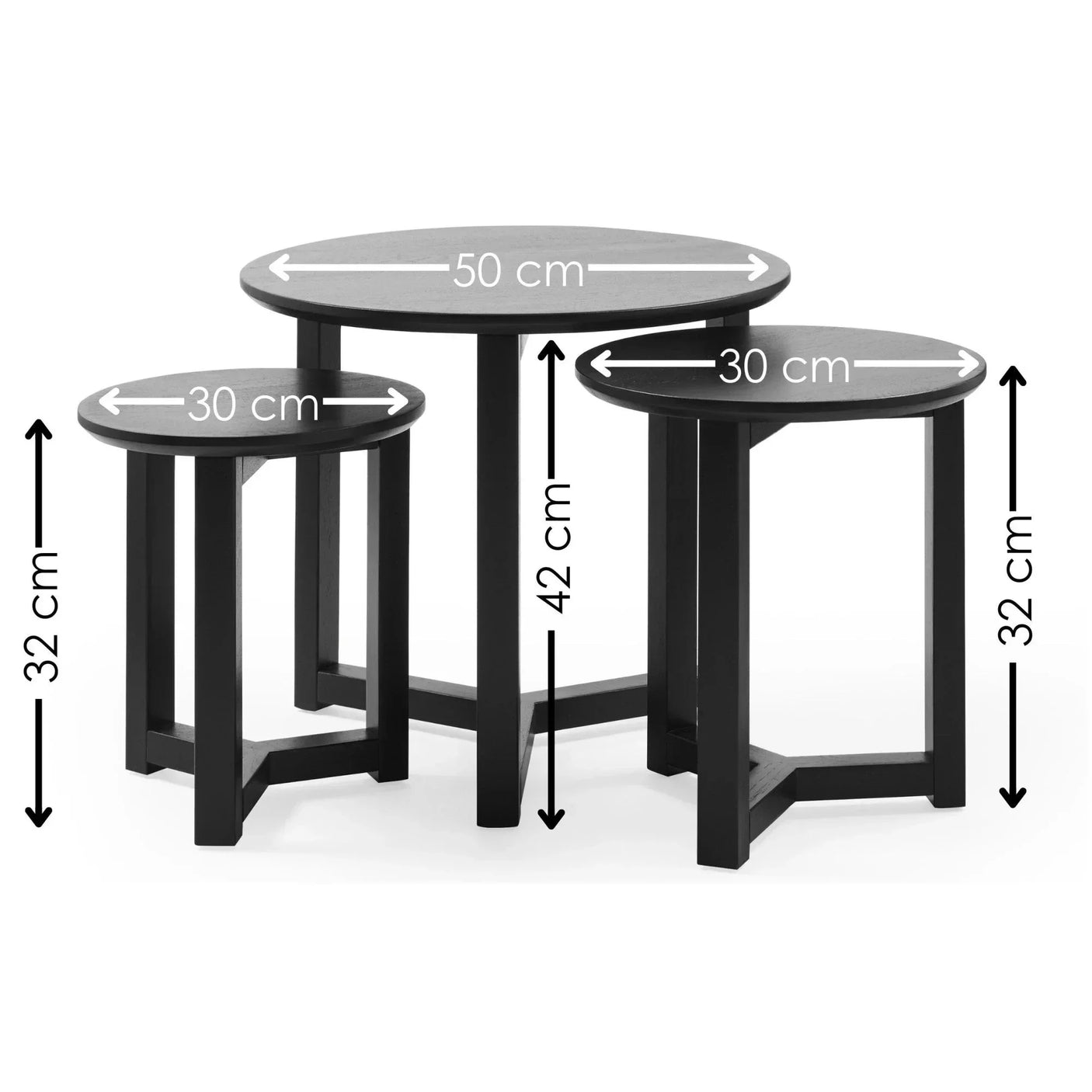 Black nesting tables set with round tops, dimensions shown, modern living room furniture