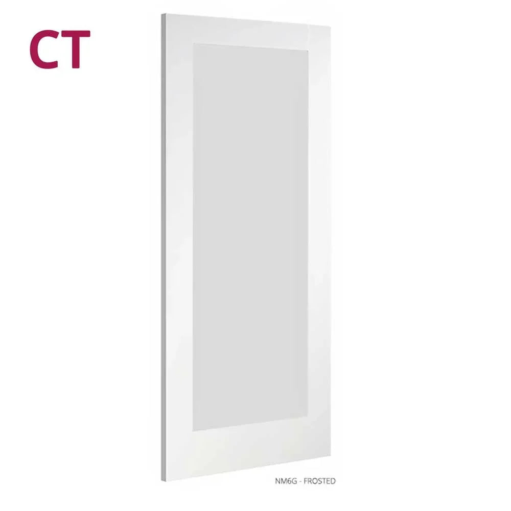White internal door with frosted glass panel, shown from a side angle