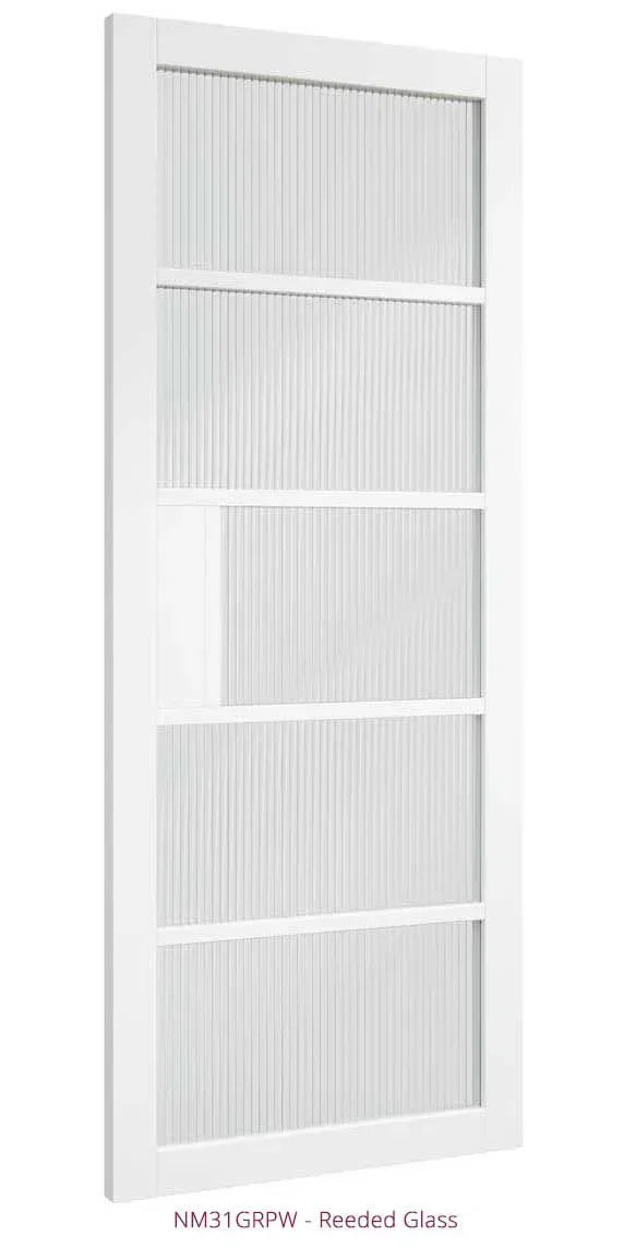 White interior door with five clear reeded glass panels and vertical grooves