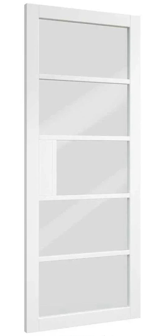 White interior door with five glass panels and a modern rectangular frame design