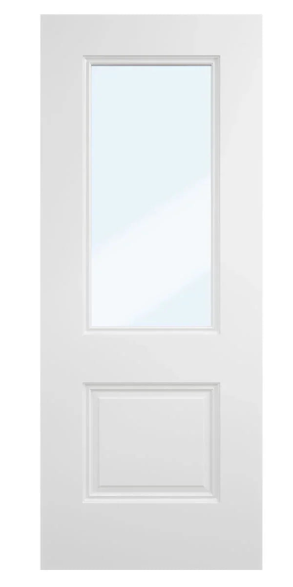 White internal door with single clear glass panel and raised bottom panel, front view