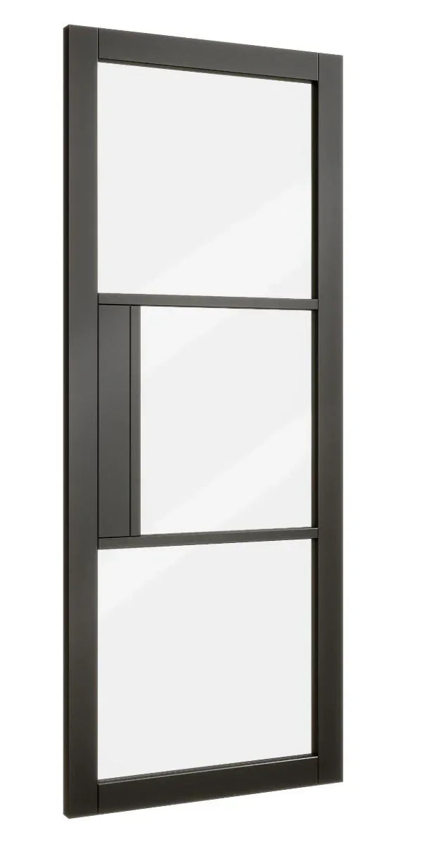 Black metal room divider with three glass panels and geometric frame, right side view