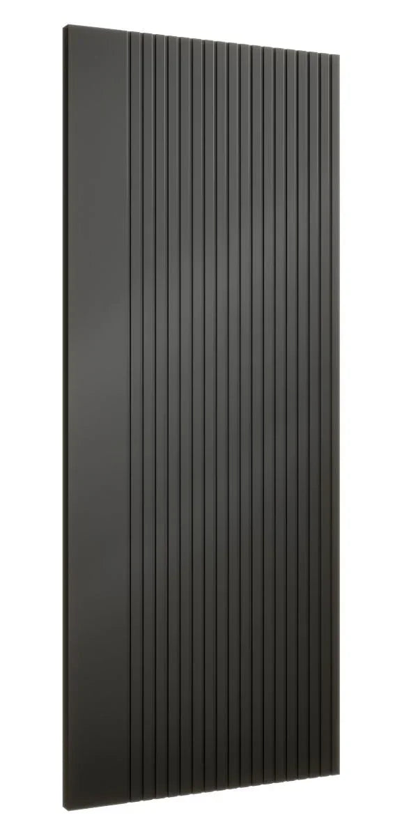 Black slatted wall panel with vertical grooves shown from a right angle