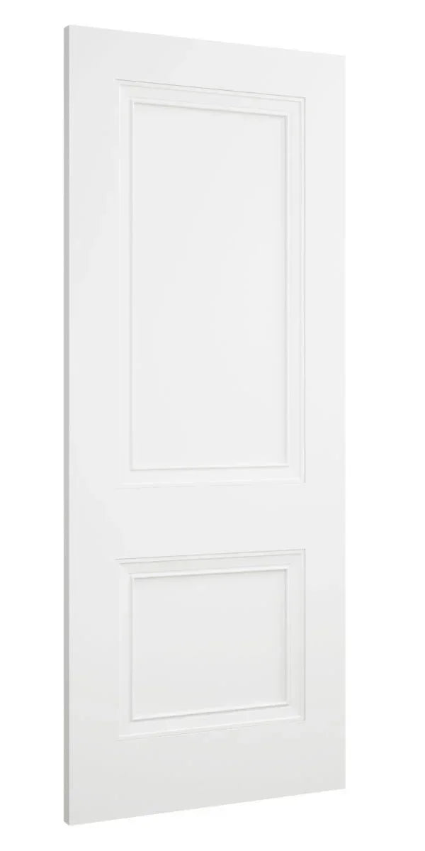 Solid white internal door with two rectangular panels, side angle view