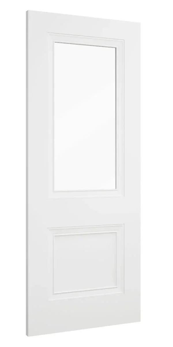 White internal door with two rectangular panels shown from a side angle