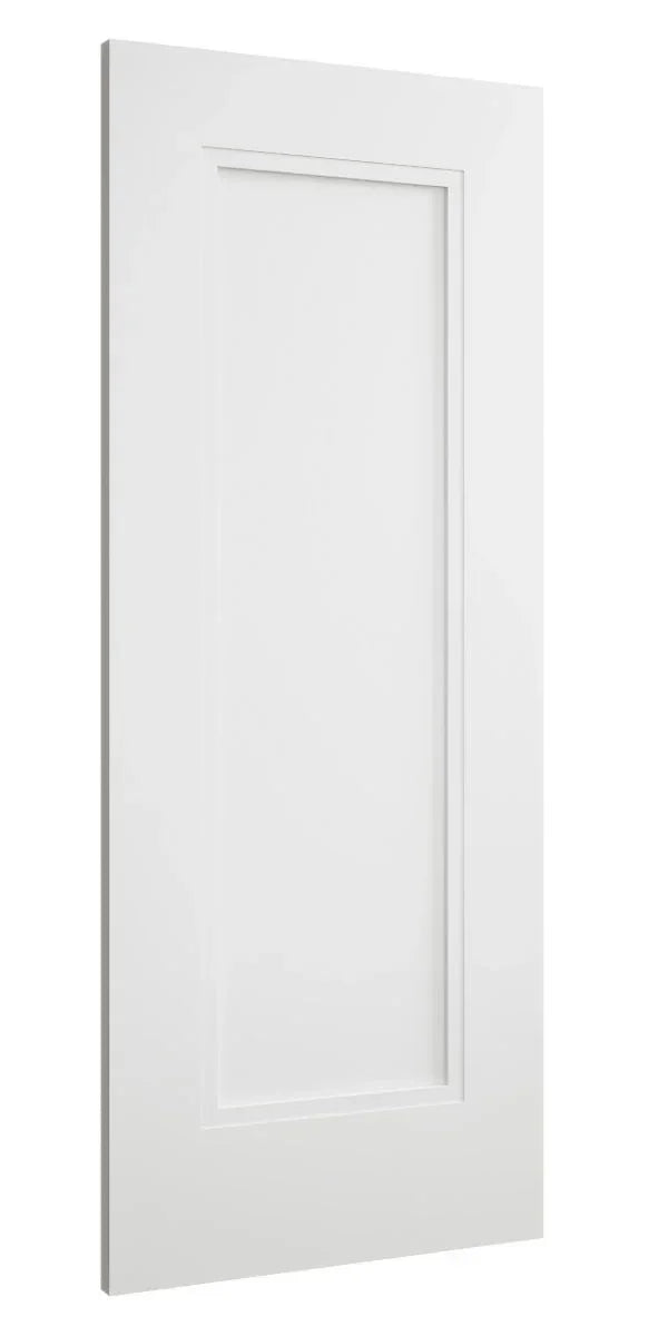 White solid wood panel door with simple recessed design, shown from side angle