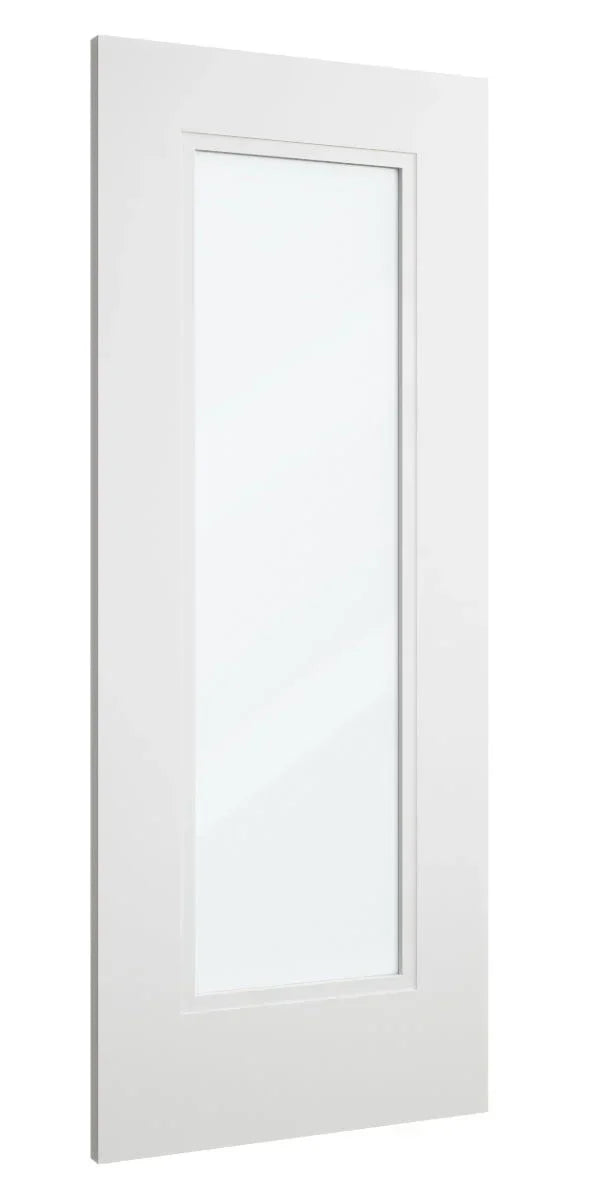 white interior door with large clear glass panel shown from side angle