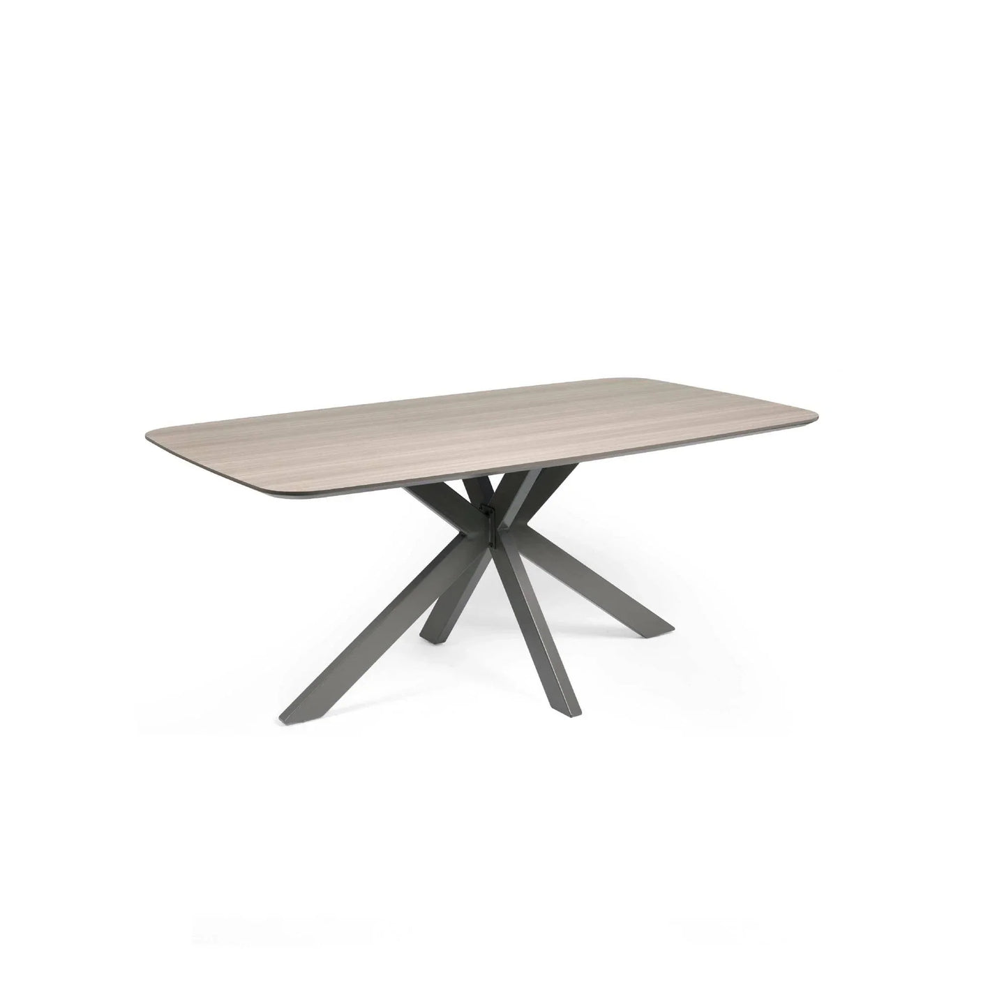 Rectangular dining table with light wood top and modern black metal star-shaped legs