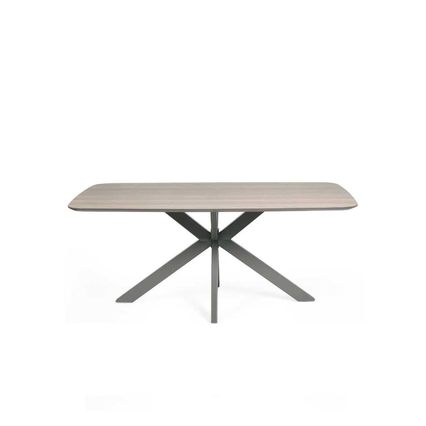 Rectangular wooden dining table with angled metal legs on white background